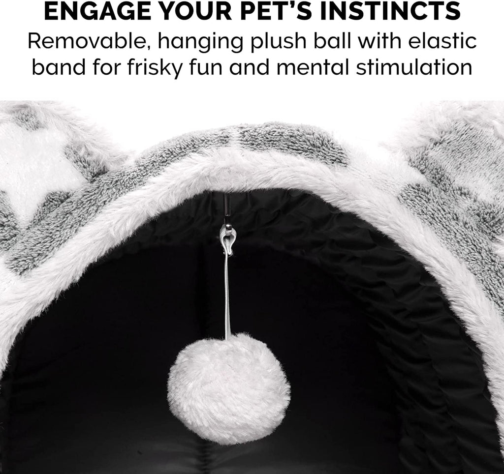 Cat Bed Snuggle Hideout for Indoor Cats & Small Dogs, Washable & Foldable W/ Plush Ball Toy - Snuggle Hideout-Bear Pet Tent - Silver Stars, Small