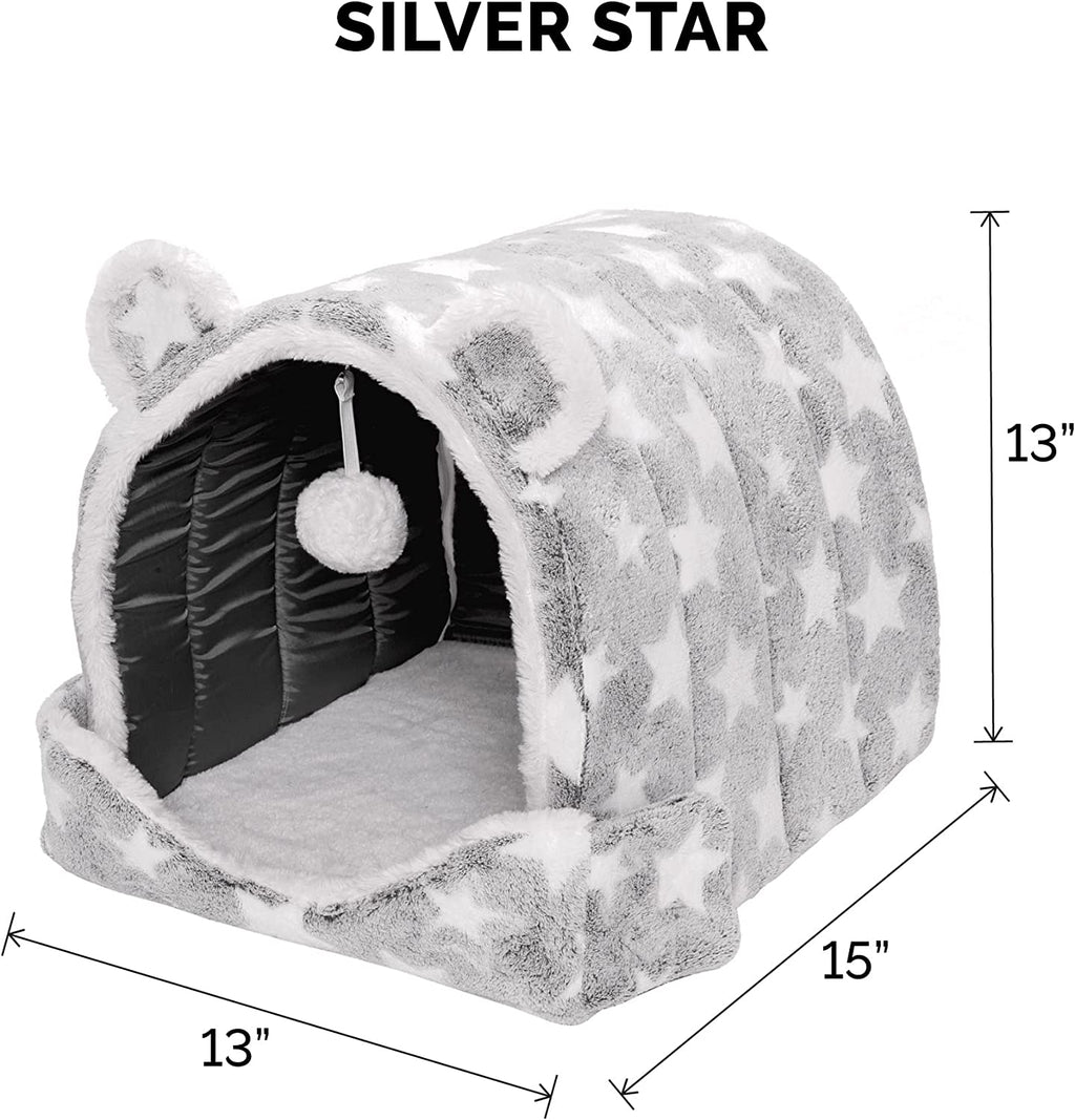 Cat Bed Snuggle Hideout for Indoor Cats & Small Dogs, Washable & Foldable W/ Plush Ball Toy - Snuggle Hideout-Bear Pet Tent - Silver Stars, Small